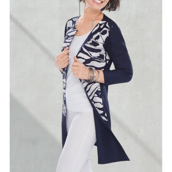 Chico's Travelers Long Cardigan Jacket sz 0 S/4 Crinkle Navy Blue Open Front NWT - Picture 3 of 13